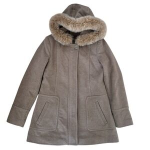 Sachi Lambswool Blend Fox Fur Coat Women's Small‎ Camel Hooded Winter Parka Warm